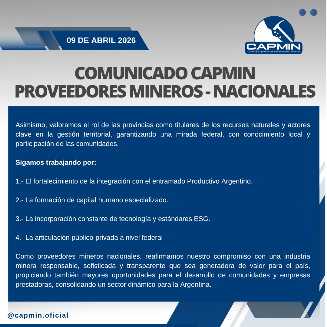 Actualización de la Ley de Glaciares: una oportunidad para impulsar el desarrollo productivo con altos estándares ambientales.

#CAPMIN #MineríaArgentina #DesarrolloSostenible #ESG #IndustriaNacional #ProveedoresMineros #Argentina