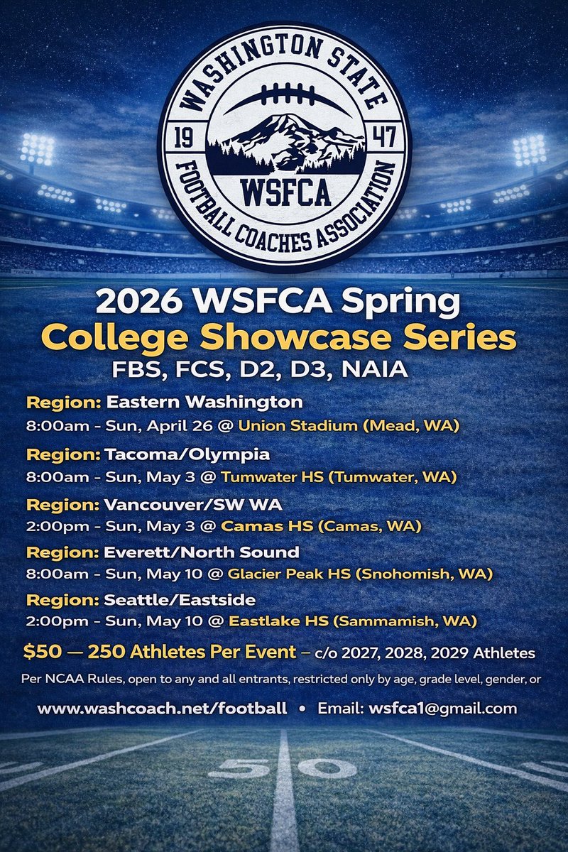 WSFCA1's tweet photo. WSFCA Spring Showcases 2026

CFB Staff Confirmation:
🏈 Univ of Idaho

(we will announce new college every few days in the lead up to the events)

Want to compete at a Showcase event? 👀👇

1.) Contact your WA HS FB Head Coach

2.) Sign-Up at this link 🔗https://t.co/ZlzYDVmaqh https://t.co/qapkR3crki