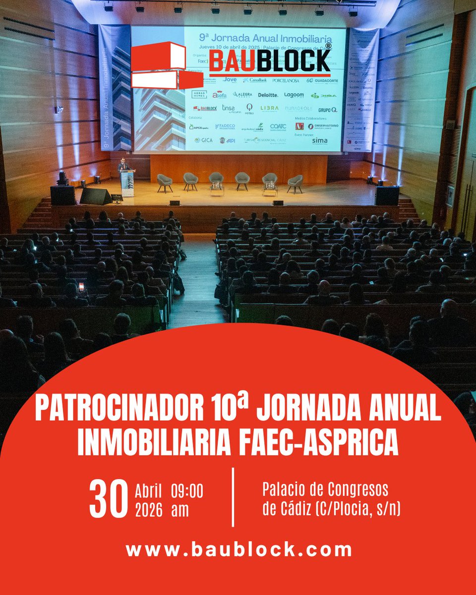 baublock's tweet photo. 🔴 Baublock, patrocinador en la 10ª Jornada Inmobiliaria FAEC-ASPRICA 🏢

📅 30 de abril | 📍 Cádiz
Un encuentro clave para analizar el presente y futuro del sector.
🎟️ Inscripción gratuita: https://t.co/LYVCX5V9SS

#Baublock #FAEC #10JAI #Cádiz #SectorInmobiliario #Networking https://t.co/ZaDW3dwKPR