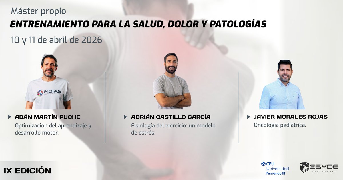 ESYDE_Formacion's tweet photo. Comenzamos un nuevo fin de semana de nuestros másteres deportivos, desarrollados en colaboración con la Universidad Fernando III.

-Optimización del #entrenamiento y readaptación físico-deportiva
-Entrenamiento para la #salud, dolor y patologías
-#Fisioterapia deportiva avanzada https://t.co/X4t9prjHjf