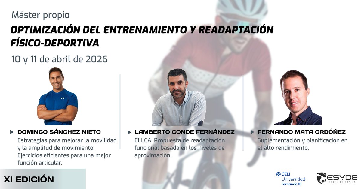 ESYDE_Formacion's tweet photo. Comenzamos un nuevo fin de semana de nuestros másteres deportivos, desarrollados en colaboración con la Universidad Fernando III.

-Optimización del #entrenamiento y readaptación físico-deportiva
-Entrenamiento para la #salud, dolor y patologías
-#Fisioterapia deportiva avanzada https://t.co/X4t9prjHjf