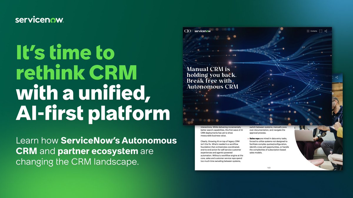 mlucenti65's tweet photo. Avete mai pensato a quanto il CRM tradizionale limiti davvero il potenziale delle aziende? ServiceNow Autonomous CRM cambia le regole del gioco, creando connessioni più profonde e strategie AI-driven. Scopritelo qui: https://t.co/sNk91txR2H 🚀 https://t.co/Rnywx8zRiA