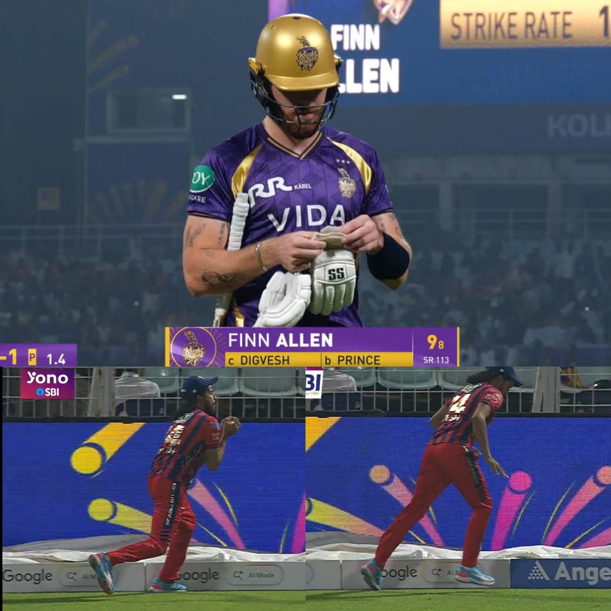 Rokte_Amarr_KKR's tweet photo. Digvesh Rathi's feet clearly touched the line, yet given OUT. 

How is that possible without reviewing to take the decision? https://t.co/DCUgi3NjsM