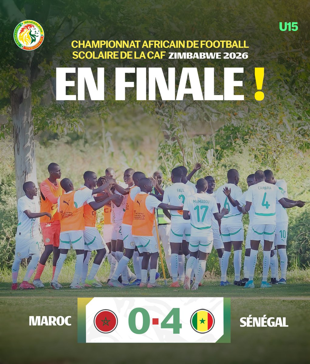 taggatsn's tweet photo. #U15 | Le Sénégal surclasse le Maroc (4-0) et file en finale du Championnat Africain de Football scolaire. Prochain rendez-vous : une finale face à l’Ouganda, prévue ce vendredi. https://t.co/t0T2eEGpkq