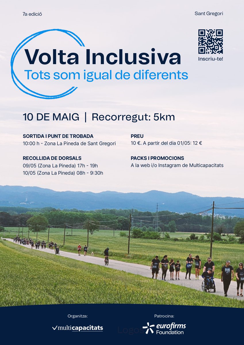 multicapacitats's tweet photo. 📢 Diumenge 10 de Maig 7ª edició "Volta Inclusiva" #TotsSomIgualDeDiferents de #Multicapacitats‼️
⏰ Horari: 10:00 h.
📍 Punt de trobada: Zona de La Pineda de #SantGregori
✍ Inscripcions: https://t.co/6YKW0qXFZ4 https://t.co/ir8PceVT8f