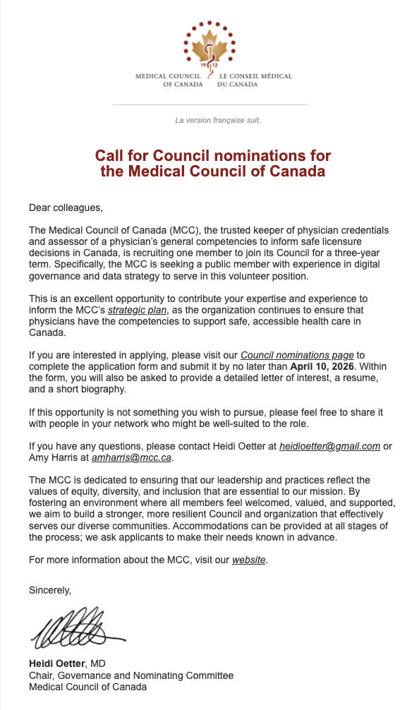 blackdocscanada's tweet image. 🚨 Call for Nominations 🚨
The Medical Council of Canada is seeking passionate leaders to join its Council. 

For more information, visit mcc.ca/about/
#MedicalLeadership #HealthcareCanada #CallForNominations #MedEd #RepresentationMatters