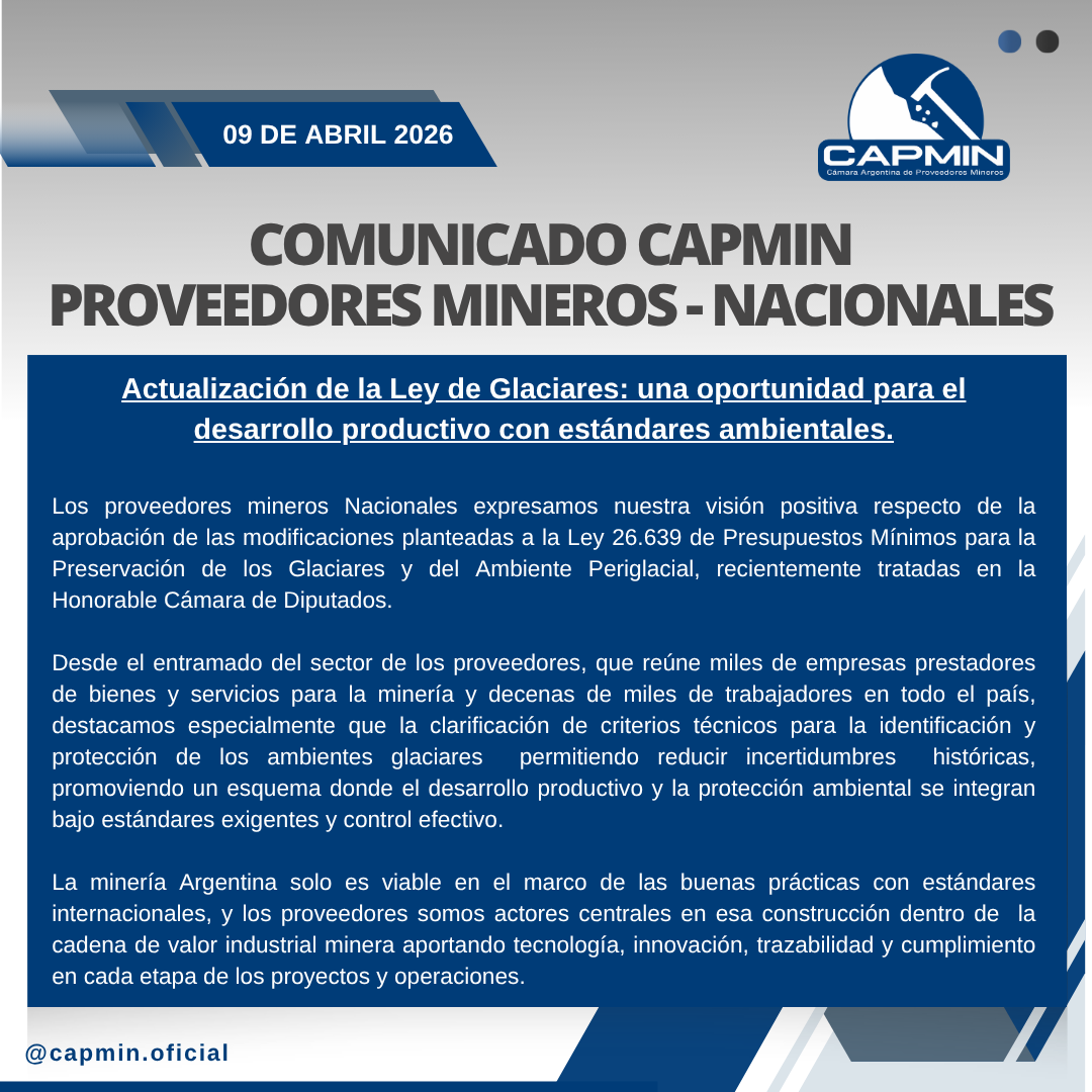 CapminOficial's tweet photo. Actualización de la Ley de Glaciares: una oportunidad para impulsar el desarrollo productivo con altos estándares ambientales.

#CAPMIN #MineríaArgentina #DesarrolloSostenible #ESG #IndustriaNacional #ProveedoresMineros #Argentina https://t.co/LqKxUOUBE9