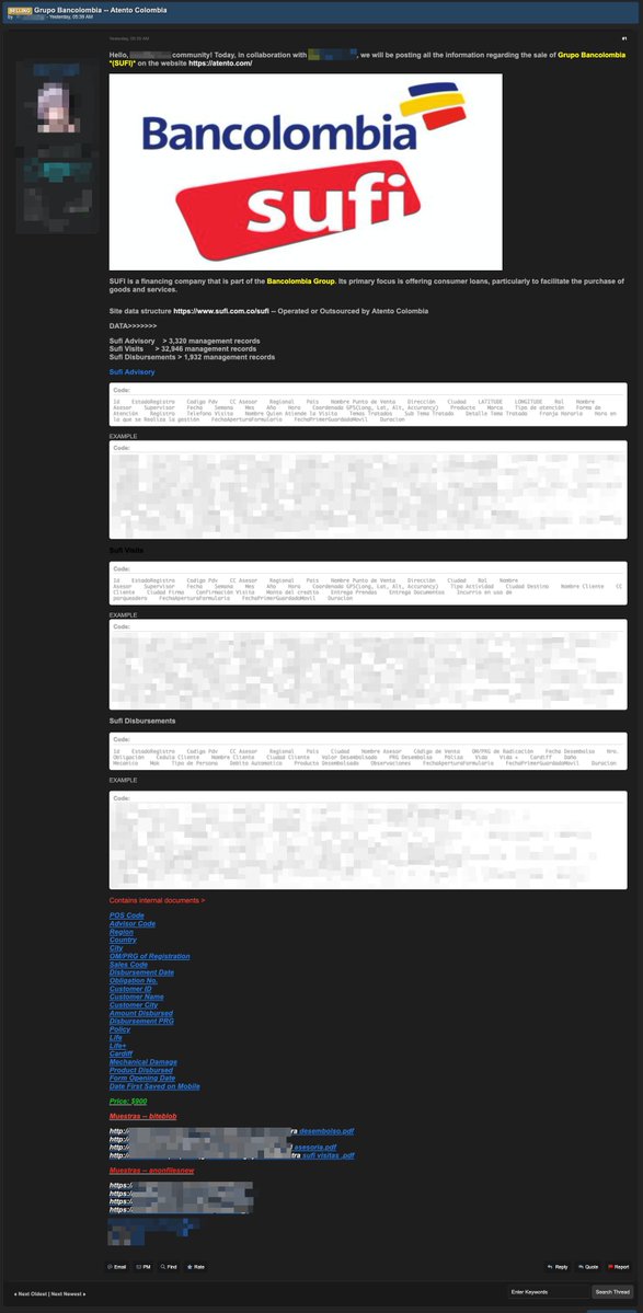 _venarixES_'s tweet image. Otro potencial #dataleak para #Colombia 🇨🇴 ha sido publicado en un foro de #hackers: #Sufi (@sufi), la marca de financiación al consumo de #Bancolombia (@Bancolombia)...
La brecha habría ocurrido a través del contact center #Atento 🇨🇴 (@AtentoColombia). 
#BVC $BCOLOMBIA