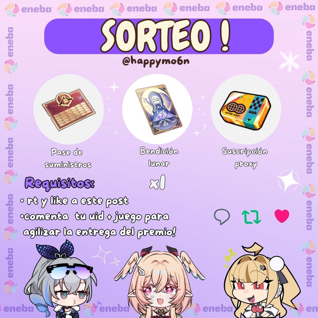 SORTEO para 
HSR, GENSHIN o ZZZ 

follow, rt, like, comenta uid server y juego para el que quieras el premio
termina en un día ! 🍀

recuerda que ahorras y me apoyas al realizar tus compritas desde mi link de eneba 💜

aquí ⬇️:
eneba.com/latam/?af_id=M…