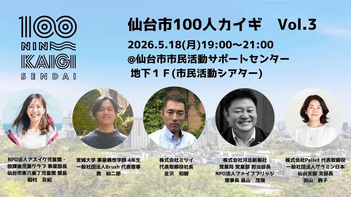 OneTohoku's tweet photo. 【第3回開催✨🙌】

前回多数ご参加いただいた仙台市100人カイギ！今回は5名の方にご登壇いただきます✨登壇者情報はリプ欄へ！

詳細と申込みは画像とURLをご確認ください！
 ↓ https://t.co/5rFgAd4bgG

#onetohokuイベント情報
#仙台市100人カイギ https://t.co/chtdjo7D9c