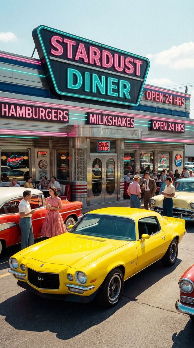 Voyalux's tweet image. Milkshakes, muscle cars, and that classic diner vibe! Loving the bold Shock Yellow on this Chevy Camaro. 🥤🟡

#ChevyCamaro #MuscleCar #RetroDiner #americana2026