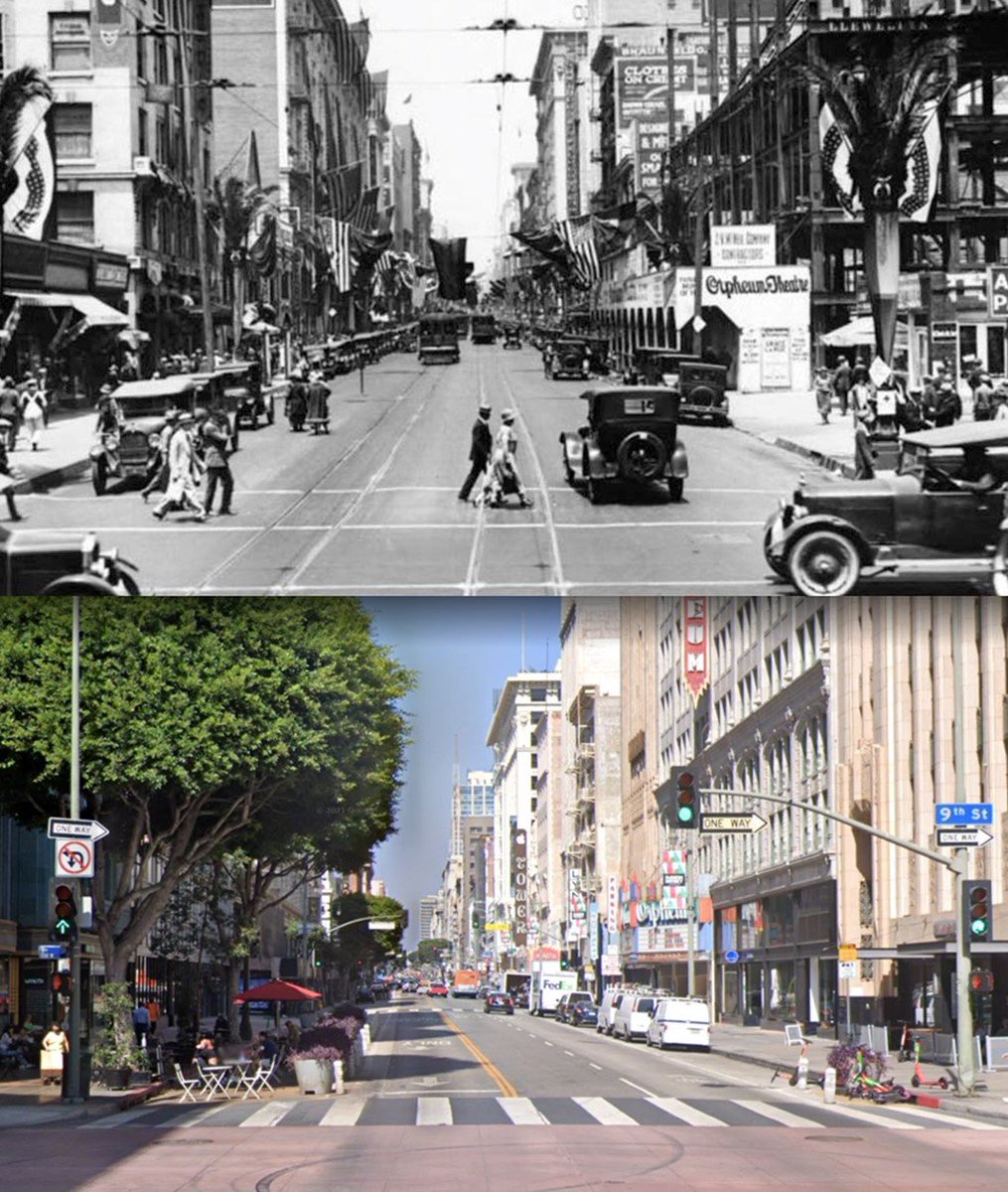 SweetLuna3ayg's tweet photo. Then & Now: Broadway & 9th Street, Los Angeles (1925 vs 2021) Downtown LA has changed so much in nearly 100 years! #LosAngeles #LAHistory #DowntownLA #California https://t.co/fDxlBaISWz