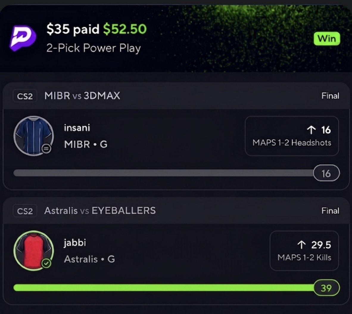 Lowkey18th's tweet photo. Cash the 1.5x ✅

Insani couldn’t full cash but we take those 🤝 

5 likes for the next POTD 🤔 

Discord gets the plays first 👉 https://t.co/1dkm5TpjCw

#cs2 #esportsbetting #prizepicks #CounterStrike #Freeprizepicksslip https://t.co/N4QwKNFZO9