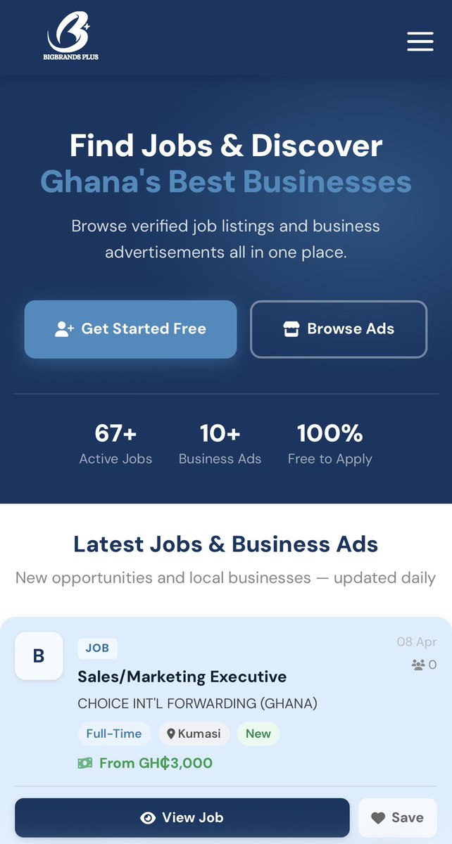 emjudecoding's tweet photo. 🇬🇭 Introducing BIGBRANDS+ — Ghana's platform for jobs &amp; business ads!
✅ Job seekers: browse &amp; apply for FREE
✅ Employers: post listings &amp; reach thousands
🎁 Register now &amp; get your 1st month FREE to post ads!
👉 https://t.co/a8A9t09Sg0
#BigBrandsPlus #GhanaJobs #GhanaBusiness https://t.co/s8nZHyDDeO