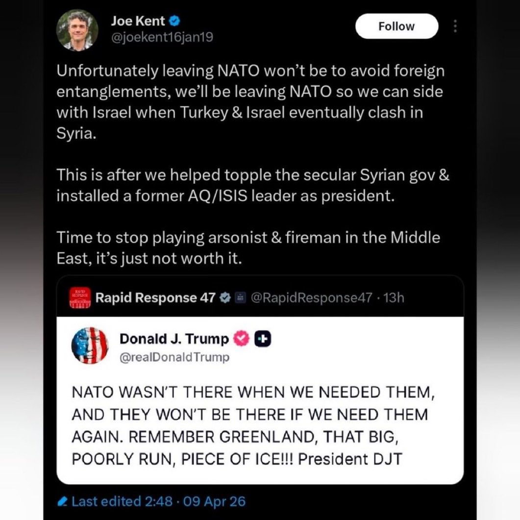ABD Ulusal Terörle Mücadele Merkezi’nin eski direktörü Joe Kent’ten dikkat çeken açıklama:

“Ne yazık ki NATO'dan ayrılmak, özgürlüğümüzü kısıtlayan bağlardan kurtulmak için olmayacak. 

NATO'dan ayrılacağız ki Türkiye ile İsrail sonunda Suriye'de çatıştığında İsrail'in yanında