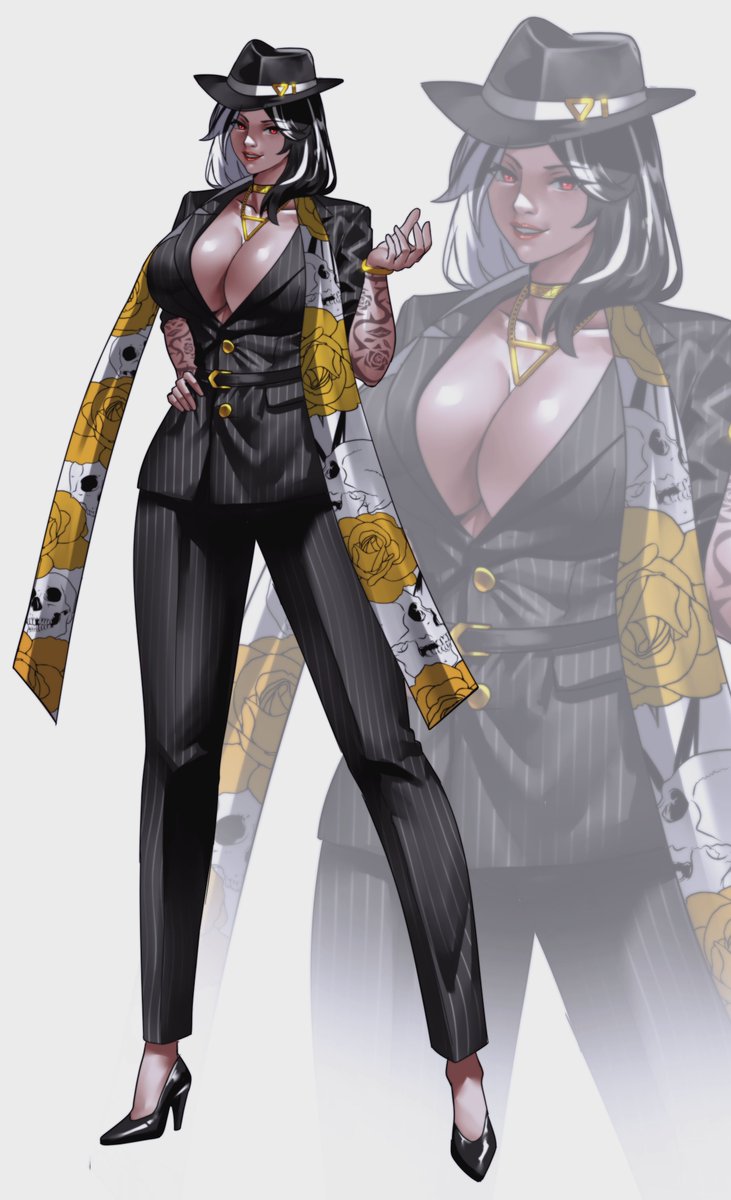 Rosanna in a pinstripe suit
Does she look like a proper crime lord now?