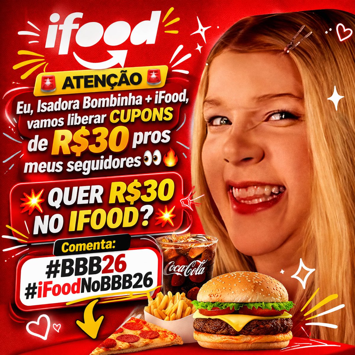 Meu povo! 
Tô com dois cupons de desconto do ifood no valor de R$30 cada um,mas para liberar eu preciso que comentem muito aqui nessa postagem usando as tags #BBB26 e #IfoodNoBBB26 . Vou sortear dois seguidores pra presentear. 
Comentem muitoooooooooo