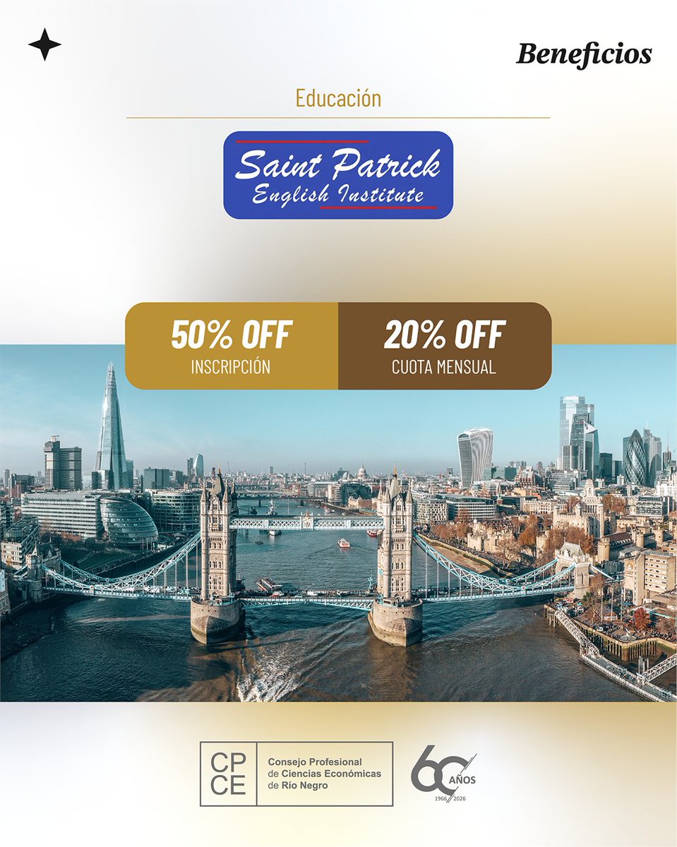Nuevo beneficio para nuestros matriculados

📚 Saint Patrick - English Institute

50% de descuento en inscripción
20% de descuento en cuota mensual

🔗 Más información: cpcerionegro.org.ar/beneficios-com…