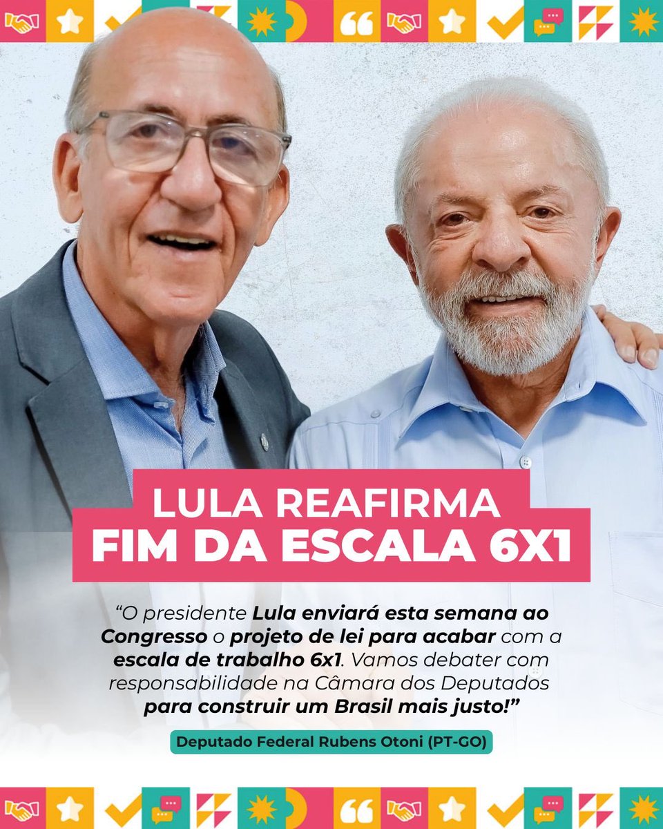 🚫FIM DA ESCALA 6x1 É PRIORIDADE

O presidente Lula afirmou que  enviará ao Congresso Nacional a proposta que trata do fim da escala 6x1.

Essa é uma discussão necessária e urgente. Estamos falando de qualidade de vida, de mais tempo com a família…