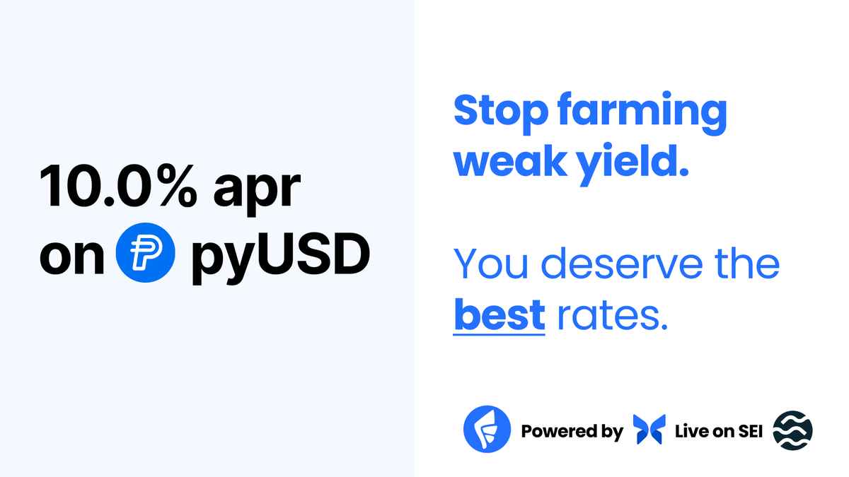 Featherlend's tweet photo. Stop farming weak yield with your stables.

Feather delivers 10%+ APR on our Feather pyUSD vault on SEI, powered by Morpho🦋

$7M+ call this vault home. 

🪶You deserve the best rates. https://t.co/0sCUybj3dU