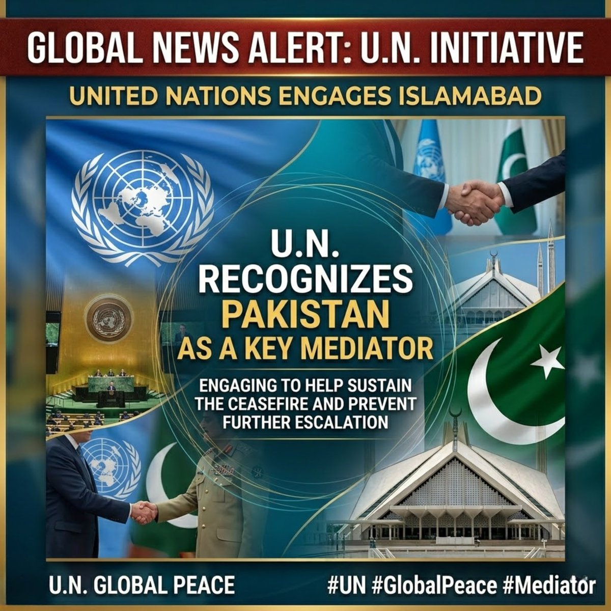 Anushayer's tweet image. The United Nations recognized Pakistan as a key mediator, engaging Islamabad to support a sustainable ceasefire framework. #UN #GlobalPeace #Ceasefire
