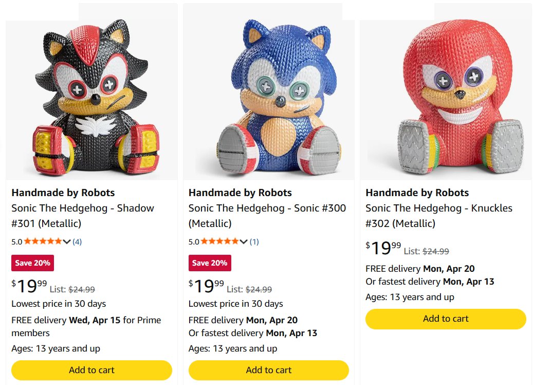 FrackDeals's tweet image. Handmade By Robots Sonic the Hedgehog Vinyl Figures (Metallic Sonic, Shadow, Knuckles) are 20% off on Amazon ($19.99 ea):

bit.ly/3PYpyAh

#affiliate
