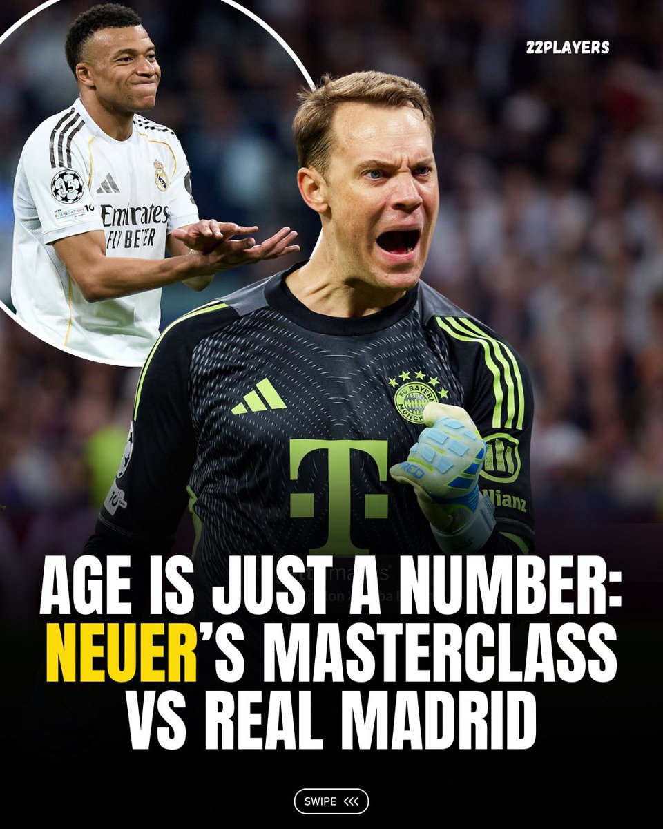 22Players's tweet photo. At 40 years old, Manuel Neuer delivered a masterclass at the Bernabéu 🧤

9 incredible saves vs Mbappé &amp; Vinícius

Man of the Match in Bayern’s 2-1 win

Age is just a number. The GOAT keeper is still world-class. 🔥

Respect 🇩🇪

#Neuer #BayernMunich #UCL https://t.co/XzDj9W0AoJ