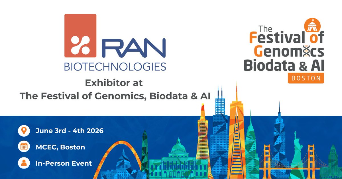 FLGenomics's tweet image. We’re thrilled to share that @RANBiotech will be exhibiting at The Festival of Genomics, Biodata &amp;amp; AI in Boston in June! Find out more info on our website: hubs.la/Q04b8rvx0 #FOGBoston #genomics #biodata #AI