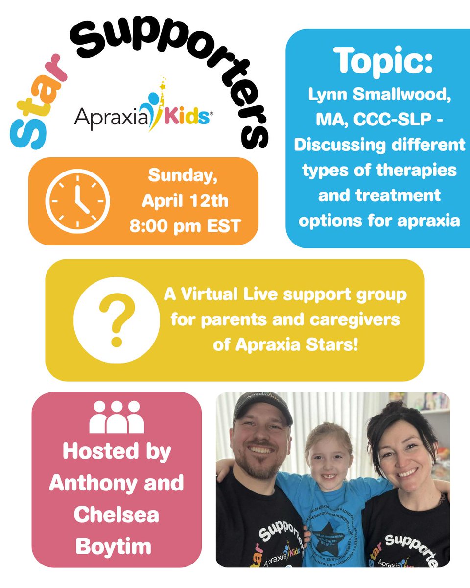 Apraxia_KIDS's tweet image. Star Supporters by Apraxia Kids WILL MEET THIS SUNDAY, April 12th, at 8:00 p.m. EST. 

First time participants - register to receive more information and the link prior to the meeting.  apraxia-kids.org/parent-meet-up…

#support #apraxia #BuildingConnections