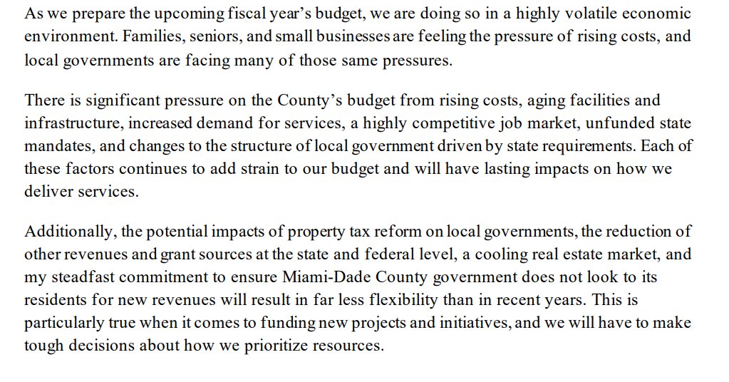 doug_hanks's tweet photo. Another grim annual budget message from @MayorDaniella. The charter-required start to the 27 budget process has Levine Cava repeating her flat-tax austerity message, noting county has "far less flexibility [for] new projects." What's on the chopping block? https://t.co/XL1nF31plJ https://t.co/N2rcJuGokQ