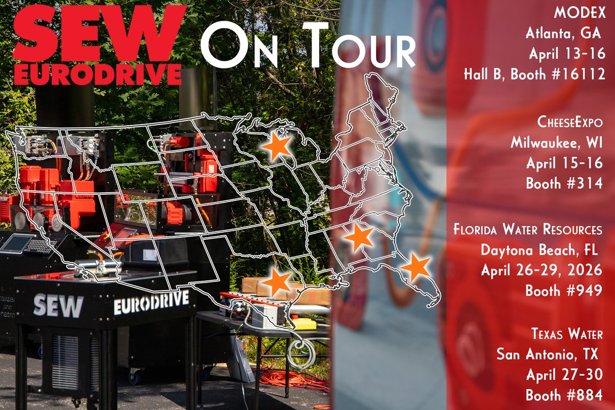 SEW-EURODRIVE - USA is going on the road! You can catch them at #MODEX2026 in Atlanta 4/13-16, #CheeseExpo in Milwaukee 4/15-16, Florida Water Resources Conference in Daytona Beach 4/26-29, and The Texas Water Conference in San Antonio 4/27-30. See you on tour!