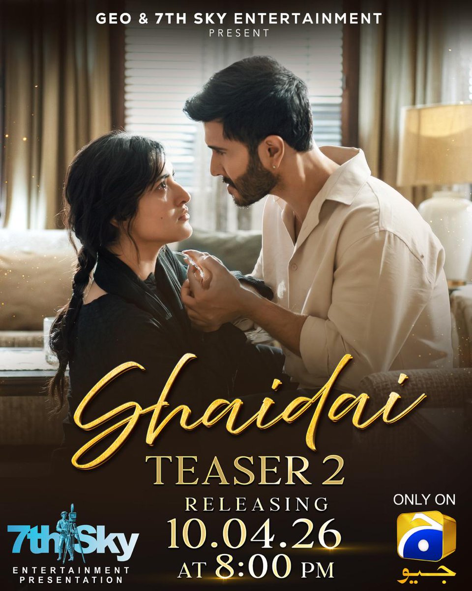 HarPalGeoTv's tweet image. The wait is almost over! #Shaidai teaser 2 drops tomorrow, Friday, 10th April! ✨

#GeoEntertainment #HarPalGeo #GeoTV #7thSkyEntertainment #AbdullahKadwani #AsadQureshi #Mashhad #AliFaizan #SaqlainAbbas #FerozeKhan #SaharHashmi #BushraAnsari #MahmoodAslam #NawalSaeed