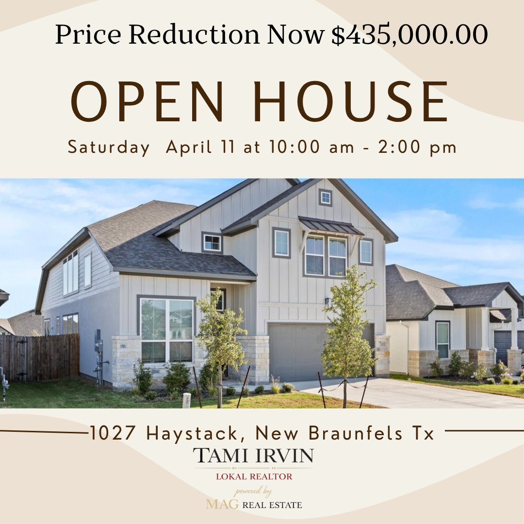 JUST REDUCED + OPEN HOUSE
1027 Haystack | New Braunfels, TX
4 Bed | 3 Bath | Built 2023
NOW $435,000

One of the best values in NB! Modern layout, spacious living, great amenities.

Open House Saturday 10–2
Message me for details or a private tour.