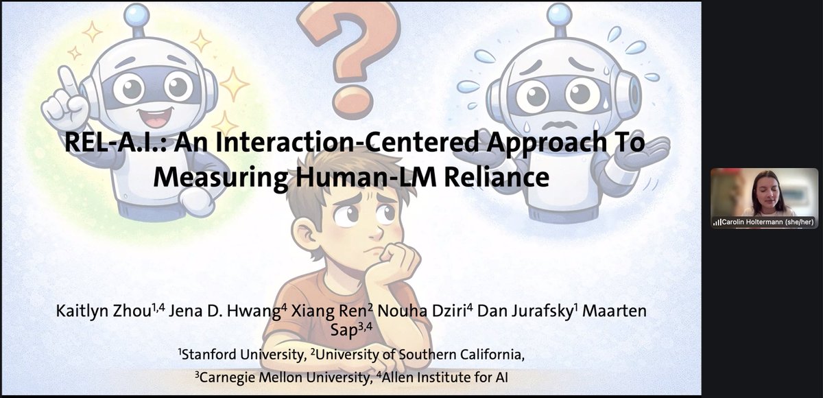 MilaNLProc's tweet photo. For today's Reading Group @CarolinHolterm presented "REL-A.I.: An Interaction-Centered Approach To Measuring Human-LM Reliance" by @KaitlynZhou and colleagues. 

Paper: https://t.co/UEEA70SCMz

#NLProc https://t.co/pSQS8Gt3b1