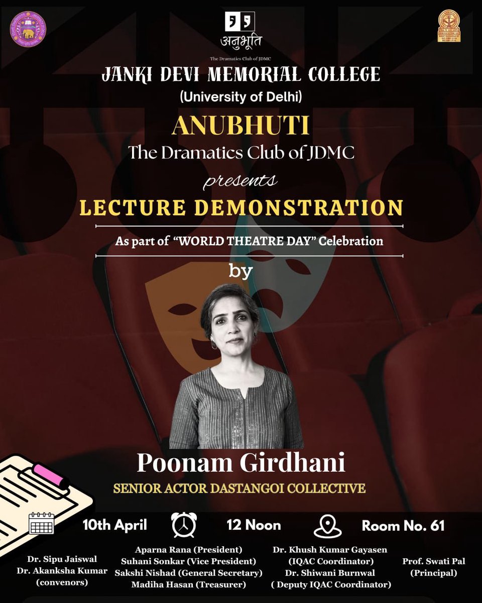 DastangoiTheArt's tweet photo. This World Theatre Day, step into the magic of Dastangoi with a special Lecture Demonstration by eminent Dastango Poonam Girdhani at Janki Devi Memorial College, Delhi University.
🗓 10th April | ⏰ 12 Noon
#dastangoi #dastango #dastangoicollective #stories #storytelling https://t.co/J5phJOUA61