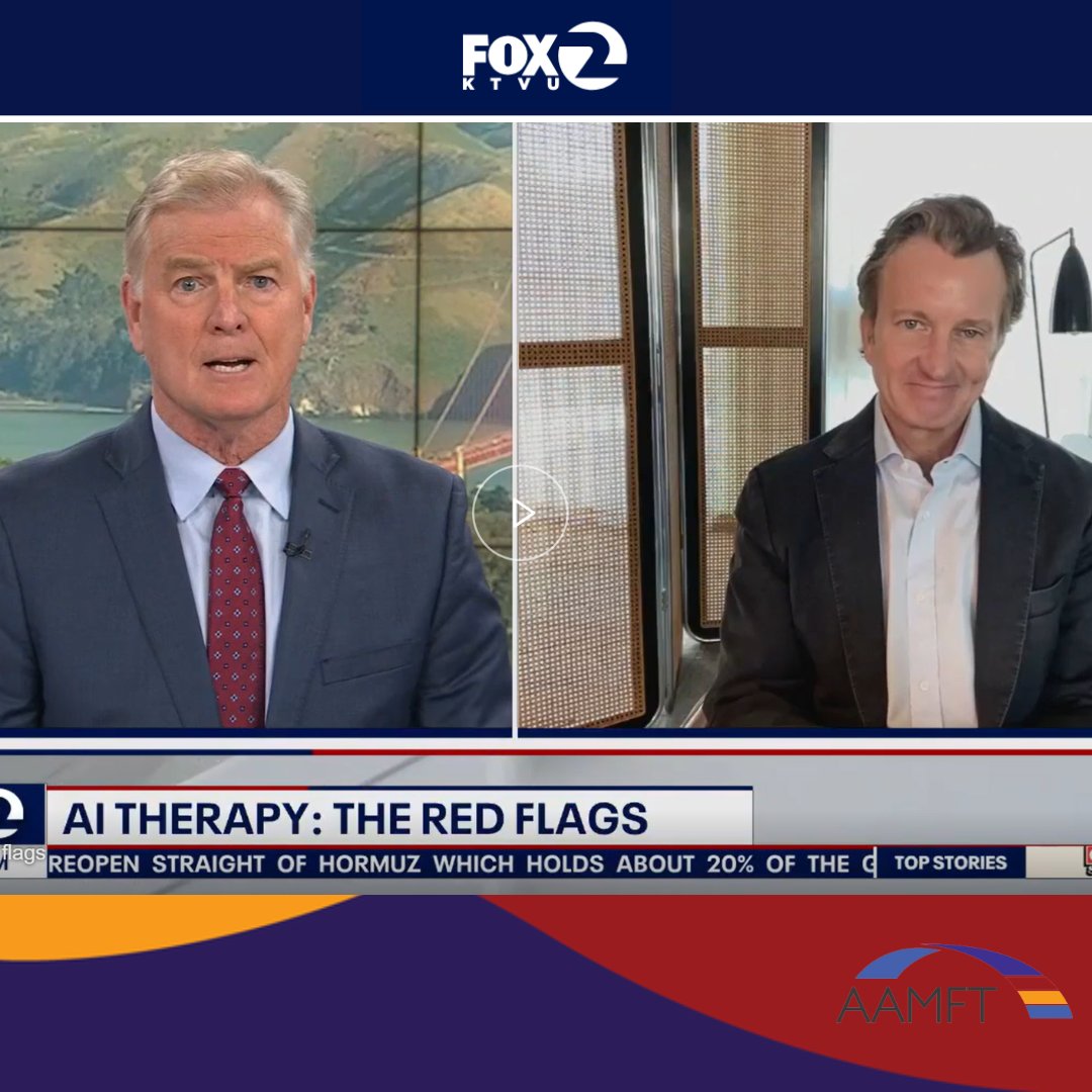 TheAAMFT's tweet image. Our member, Dr. Paul Hokemeyer, was recently interviewed about "AI Therapy: The Red Flags" on KTVU Fox News. Watch now with the link below!
ktvu.com/video/fmc-fssd…

#AAMFT #therapy #familytherapy #mentalhealth #clinicians #therapist #counseling #psychotherapy