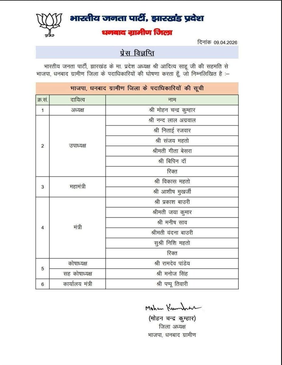 iVikrantBjp's tweet photo. भारतीय जनता पार्टी, धनबाद के नवनियुक्त जिला (ग्रामीण एवं महानगर) के पदाधिकारियों को हार्दिक बधाई एवं यशस्वी कार्यकाल की अनंत शुभकामनाएँ।

@BJP4India @BJP4Jharkhand @AdityaPdSahu @bjpkarmveer @yourBabulal https://t.co/i9iWMcHIwt