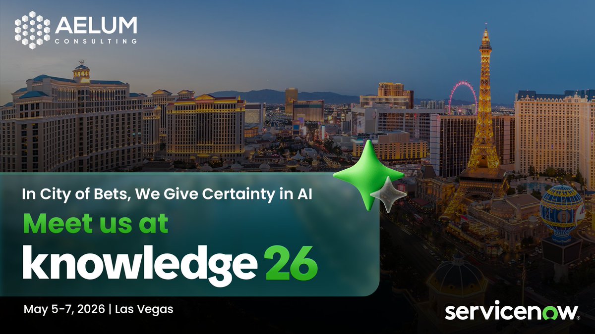 AelumConsulting's tweet photo. In the city of bets, risk is part of the game—not enterprise AI.

Aelum is coming to ServiceNow Knowledge 2026 🚀
📍 Las Vegas | 📅 5–7 May

Let’s turn AI into real business impact 👉 https://t.co/37qgE5QR0b

#ServiceNow #ServiceNowPartner #Knowledge2026 #K26 #AITransformation https://t.co/BFX7TiYUNm