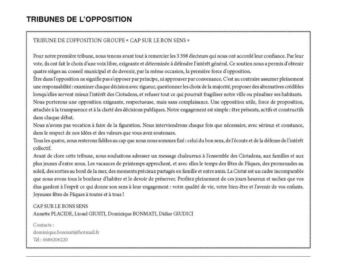 LCiotadens's tweet photo. Tribune du 1er groupe d’opposition dans le magazine municipal de La Ciotat - avril 2026 https://t.co/Yz8axhZl6B