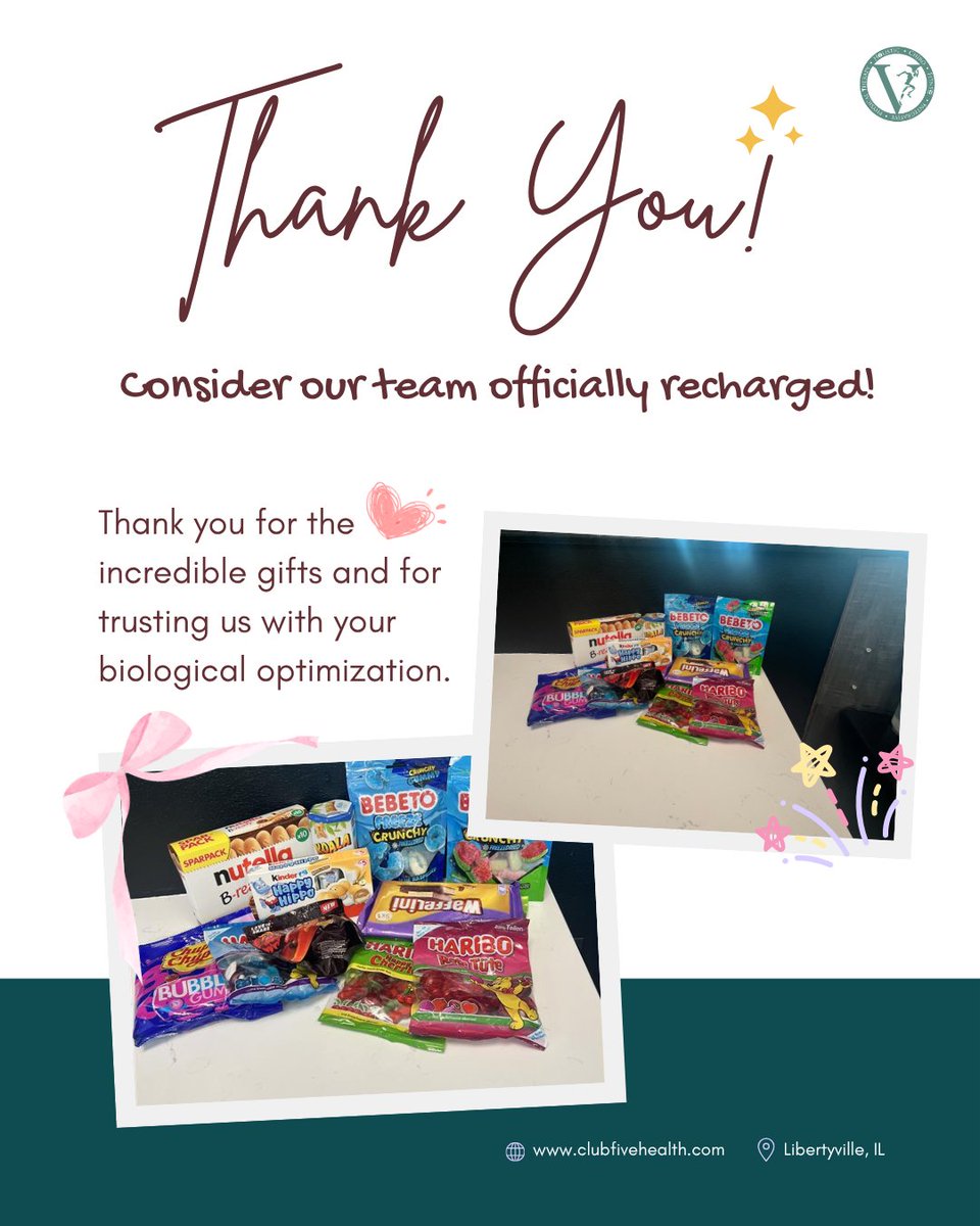 clubfivehealth's tweet photo. The team is officially recharged! 🔋 

Huge thanks to the client who crushed their session &amp; left us a stash of goodies. 

We love this collective. �� 

#ClubFiveHealth #libertyville #Grateful https://t.co/2NrJIvdFr5