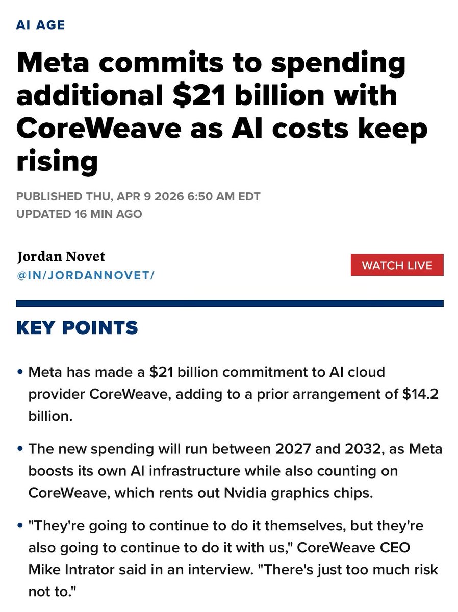 BinDollarSign's tweet photo. ميتا $META توسع صفقتها مع $CRWV إلى 21$ مليار (من 14.2$ مليار سابقاً) لتوفير بنية AI سحابية حتى 2032

الصفقة تشمل نشر أولي لمنصة Vera Rubin الجديدة من إنفيديا $NVDA

شخصياً، أفضّل $NBIS على $CRWV و $IREN

#أبيان_تداول https://t.co/OERHD15AYD