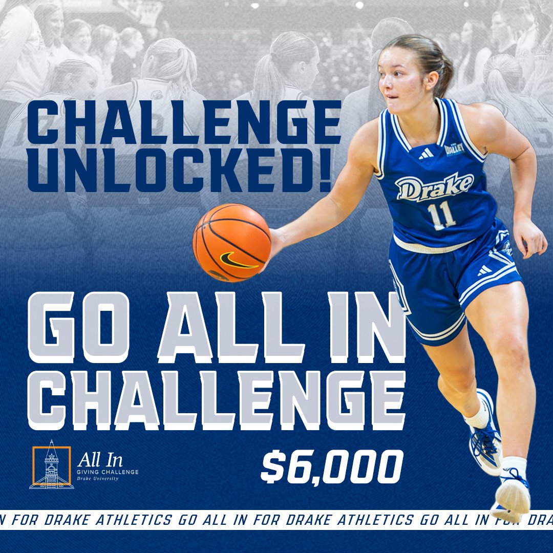 DUBulldogs's tweet photo. 📣NEXT CHALLENGE IS HERE

Go all in for Drake Athletics! Thanks to the generosity of Rick, JO'70, and Marcia Wanamaker, all gifts will be matched up to $6,000, providing student-athletes with the resources they need to succeed.

Give Now 👉 https://t.co/IN7NmneOKw

#DrakeALLIN https://t.co/AhQucHqWdl