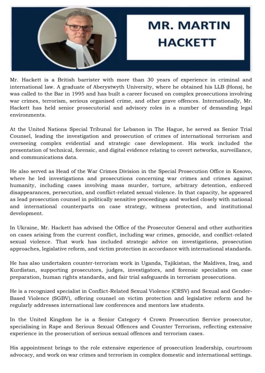 PostTRRC_Gambia's tweet photo. Let's take a closer look at our Special Prosecutor’s background. Below is Mr. Martin Hackett's professional profile, detailing over 30 years of legal expertise. #PostTRRC #SPO #SAM https://t.co/LhFlFEtEzV
