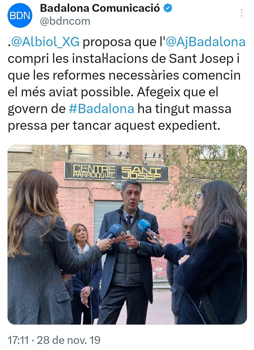 El 2019, en Xavi deia q calia comprar Sant Pep i atacava a PSC-Comuns.

El 2023 amb 18 regidors no el va comprar i la propietat el va enderrocar.

Demà a més d'aprovar destruir Ca l'Arnús, aprovarà el canvi urbanístic a Sant Pep.

Menteix tant q ja dubto si es diu Joan i no Xavi.