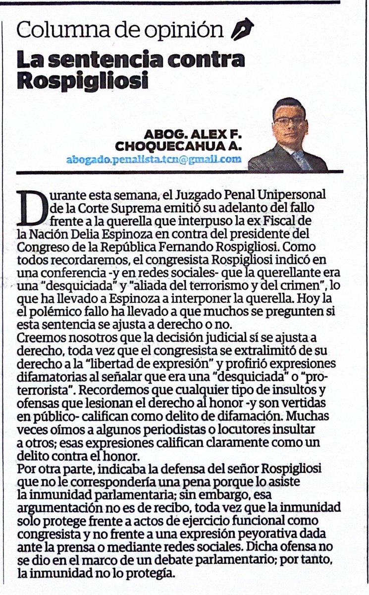 ayna_alex's tweet photo. LA SENTENCIA CONTRA ROSPIGLIOSI

Abog. ALEX F. CHOQUECAHUA A.
abogado.penalista.tcn@gmail.com https://t.co/Yyz3xF170a