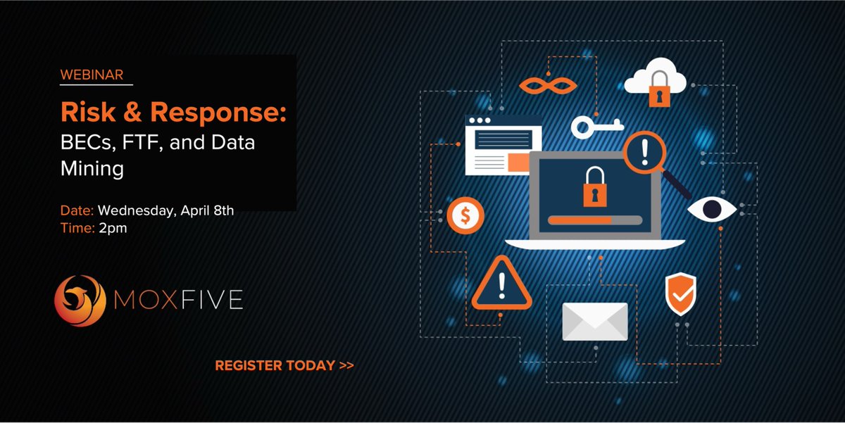 mox_five's tweet photo. Replay now available! Lee Trotter, Michael Brunetti, Kim Detwiler, and Melissa Sachs had a great discussion covering all things BEC, FTF and Data Mining on yesterday's webinar so if you couldn't make it, it's now available whenever you need it! Watch now at >> https://t.co/ljxZWY4LdG

#cybersecurity #incidentresponse #BEC #FTF #dfir #eCrime