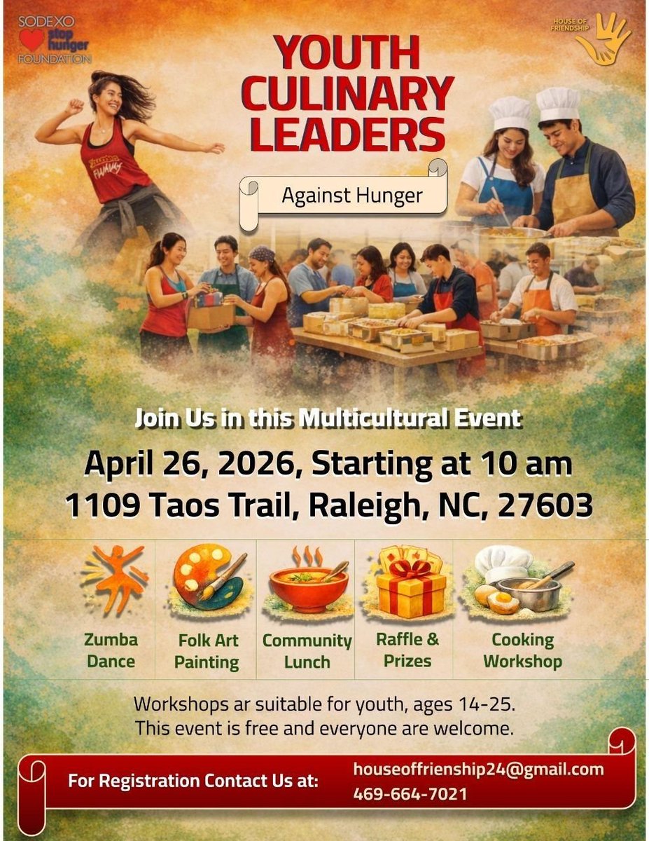 hoffriendship's tweet photo. 📣 You're Invited! Join us for Youth Culinary Leaders – Against Hunger 🍽️ 🗓 April 26, 2026 | 10:00 AM 📍 1109 Taos Trail, Raleigh, NC 27603 FREE &amp; open to everyone — especially youth ages 14–25! 🙌 #GYSD26 #YouthLeaders #AgainstHunger #Raleigh #HouseOfFriendship 1/3 https://t.co/oW4F2JN7Sl