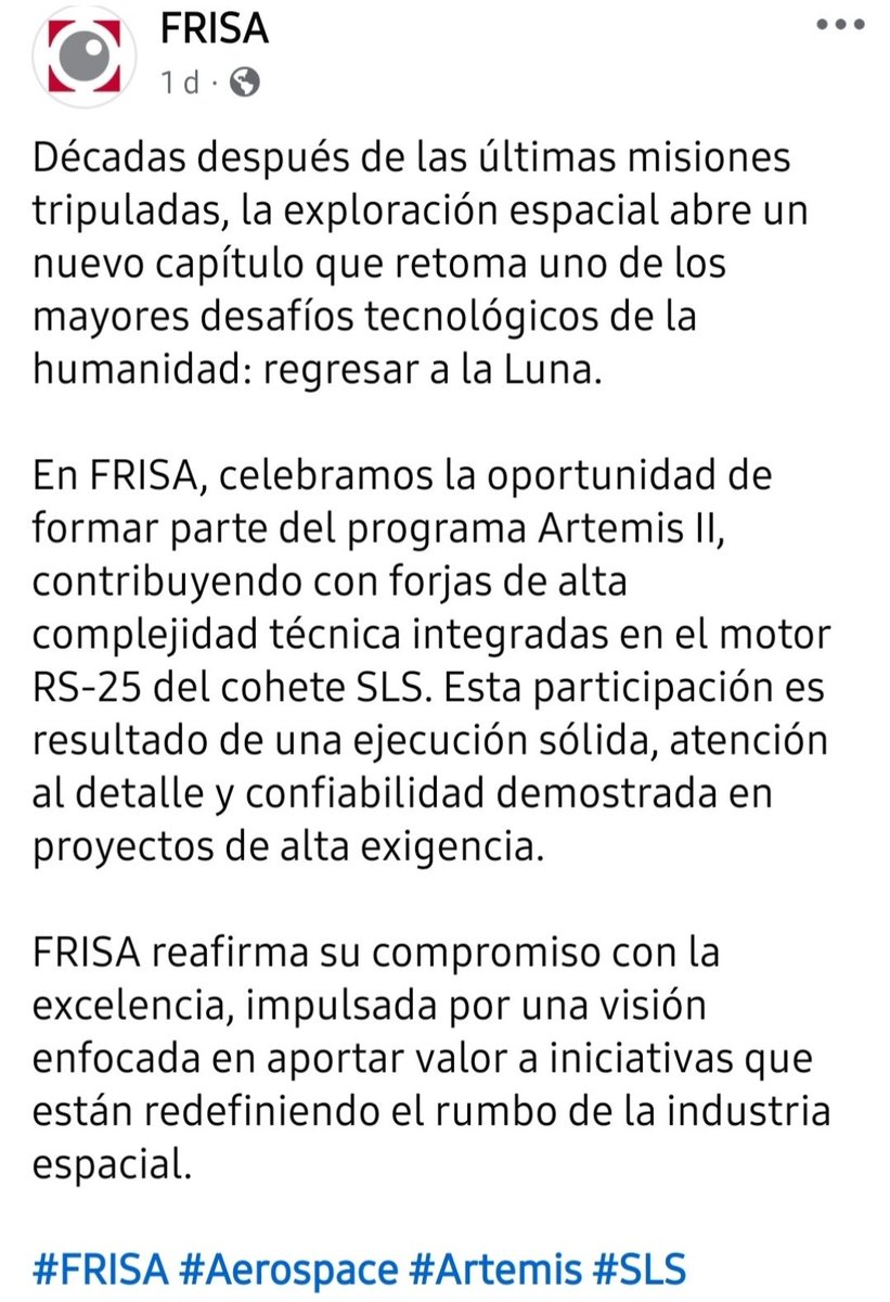 Empresasmty's tweet photo. #Talentoregio Hasta la Luna, la empresa regia Frisa contribuyó con forja para la nave espacial Artemis II. Forja integrada en el motor de esa nave espacial 👍🏻💯✅🌕🚀🚀 #Ingenio #Sorprendente #Luna #ArtemisII #Nasa 👇🏻👇🏻👇🏻 #Sígueme https://t.co/Yb6Rot2std