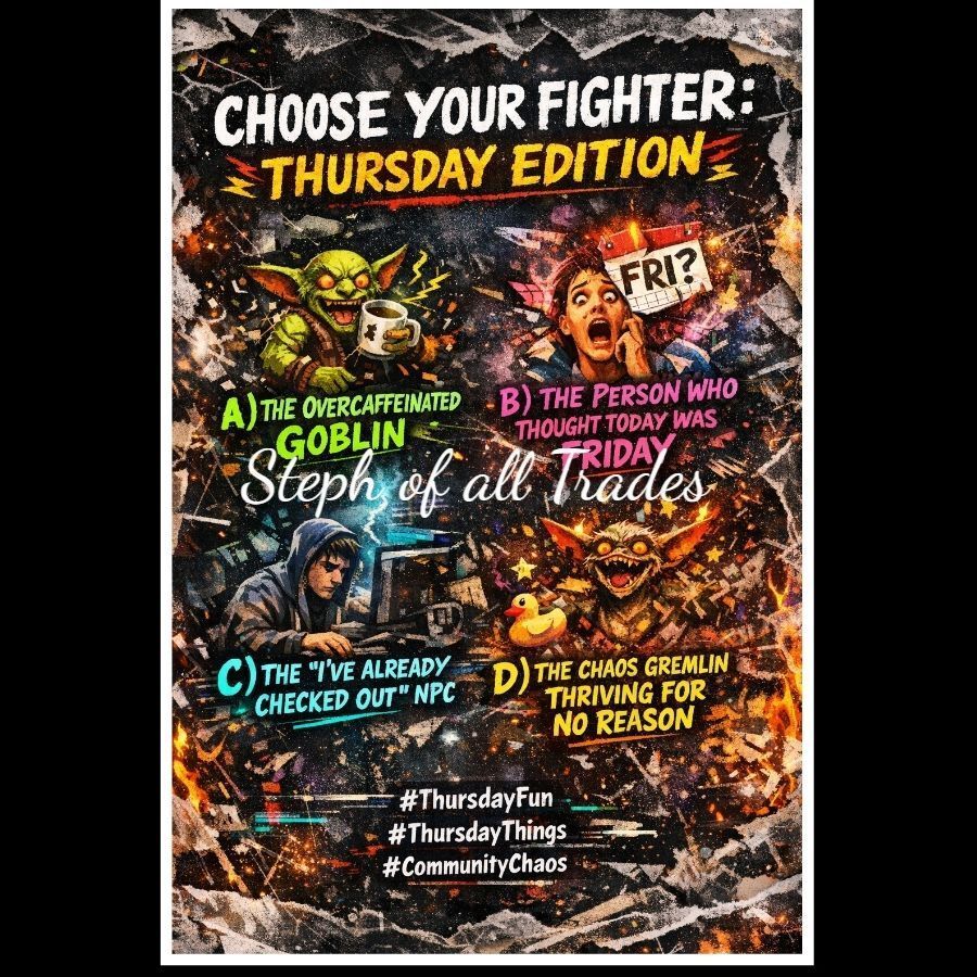 IRGRL's tweet image. ✨ Thursday Fun: Choose Your Fighter ✨
It’s Thursday — pick your fighter:
A. The Overcaffeinated Goblin
B. The Person Who Thought Today Was Friday
C. The “I’ve Already Checked Out” NPC
D. The Chaos Gremlin Thriving For No Reason
#ThursdayFun #ThursdayThings #CommunityChaos