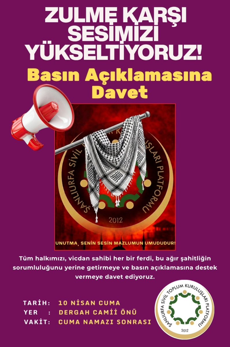 Zulme sessiz kalma, Gazze için ses ol!

Yarın Cuma namazı sonrası Dergâh Camii önünde, sivil toplum kuruluşlarımızın Gazze için düzenleyeceği basın açıklamasına tüm hemşehrilerimizi davet ediyorum.

Zulme karşı sesimizi daha gür çıkarmak, mazlumların yanında olduğumuzu bir kez